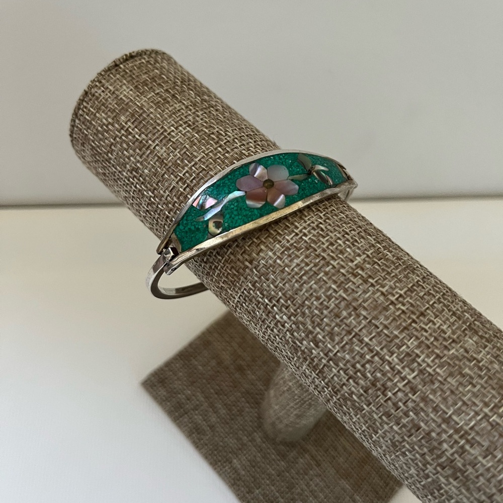 Taxco México Beautiful Vintage Flower Inlay Bracelet - Picture 6 of 7